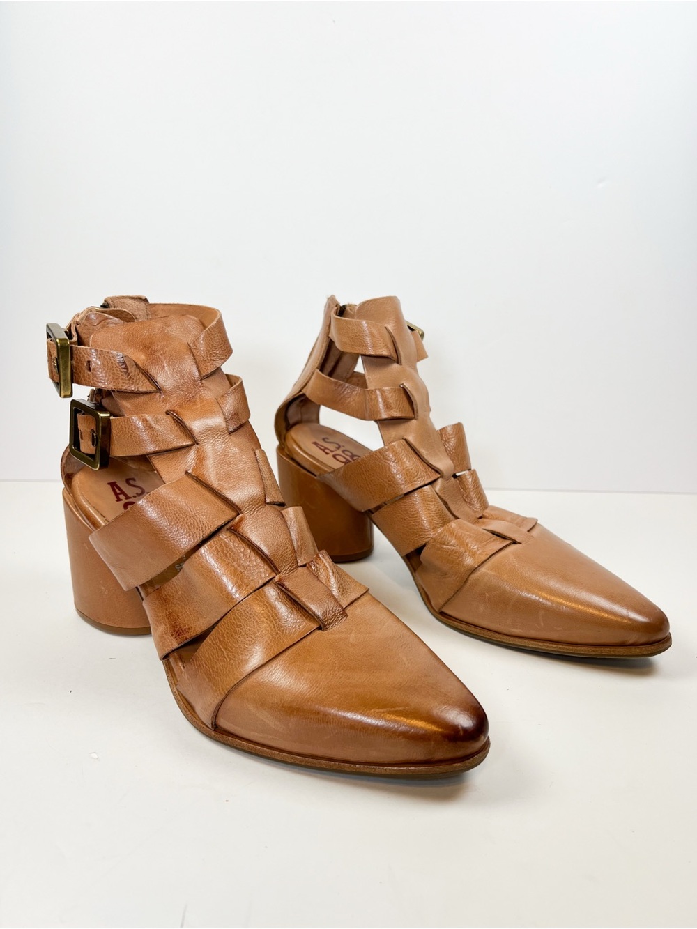 A.S. 98 Evie Strappy Bootie Camel Tan Leather Block Heel size 38 / US 7.5-8